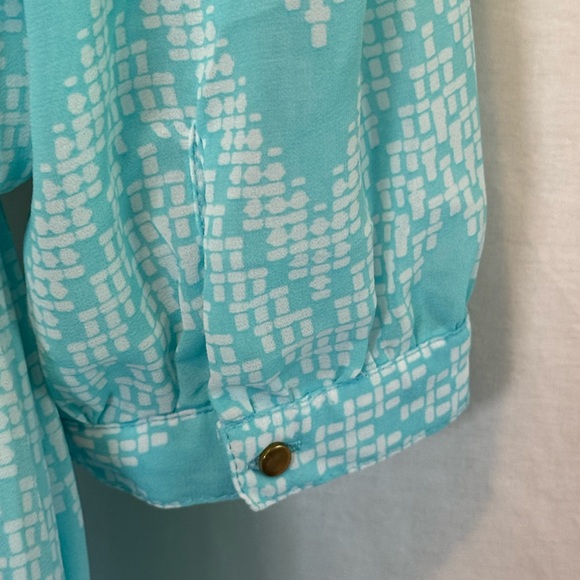 F-130 Takara Teal & White 1/2 Sleeve Hi Lo Lined MIDI Dress Size M - Picture 11 of 15